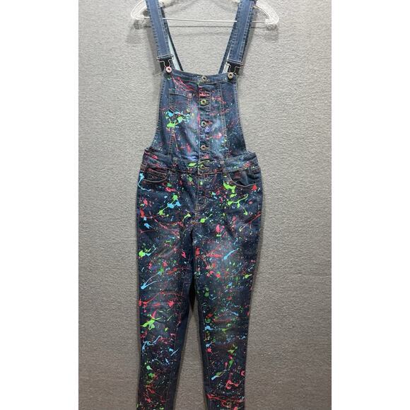 Wax Jeans Paint Splatter Skinny Overalls Blue Womens Size Small - Picture 1 of 16